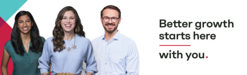 Zwei Mitarbeiterinnen und ein Mitarbeiter vor farbigen Flächen und dem Schriftzug "Better growth starts here with you."